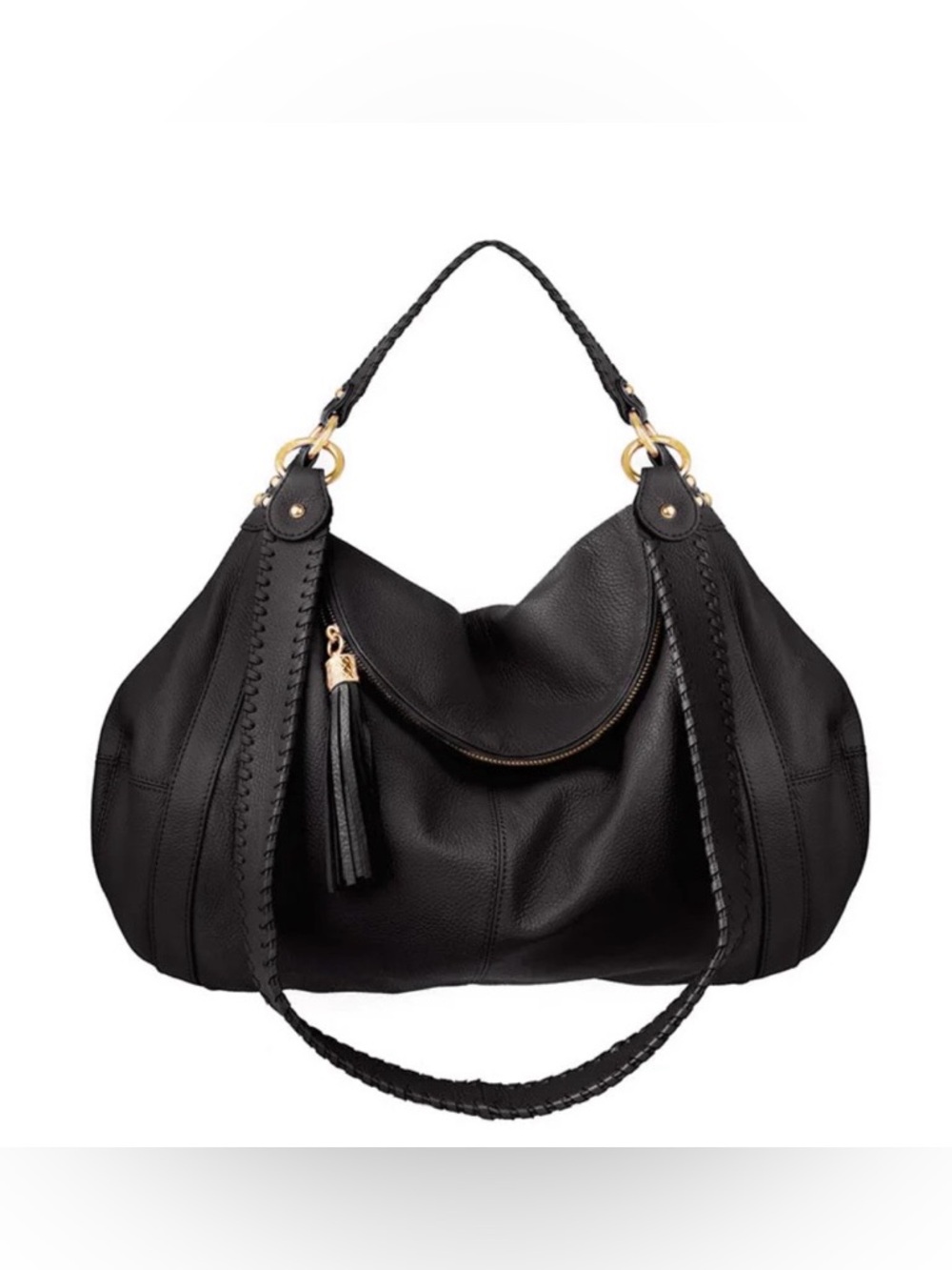Onna Ehrlich Large Black Leather Tassel Shoulder Hobo